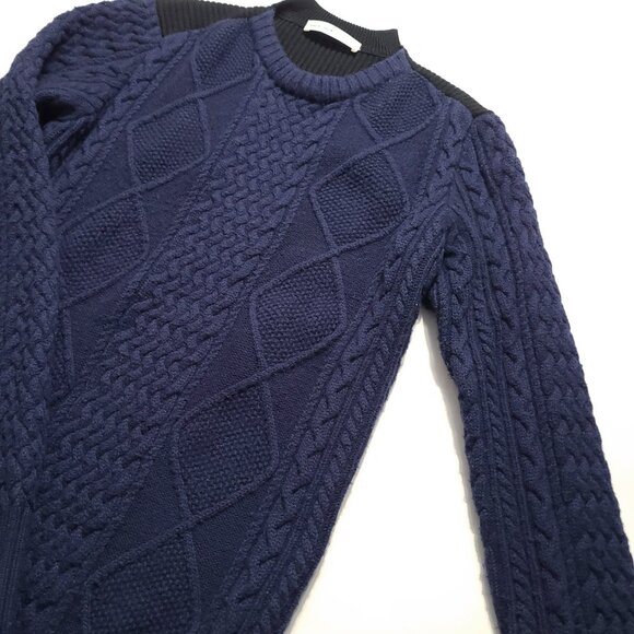 Sacai Luck Women Sz 3 Large 100 Wool Cable Knit Navy Sweater Black Back 2-tone - Picture 1 of 12